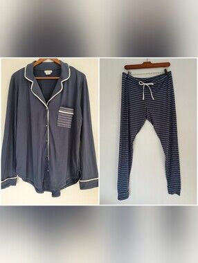 Shimera Women's L Blue Knit Striped Pajama Set Button Front Drawstring Pants